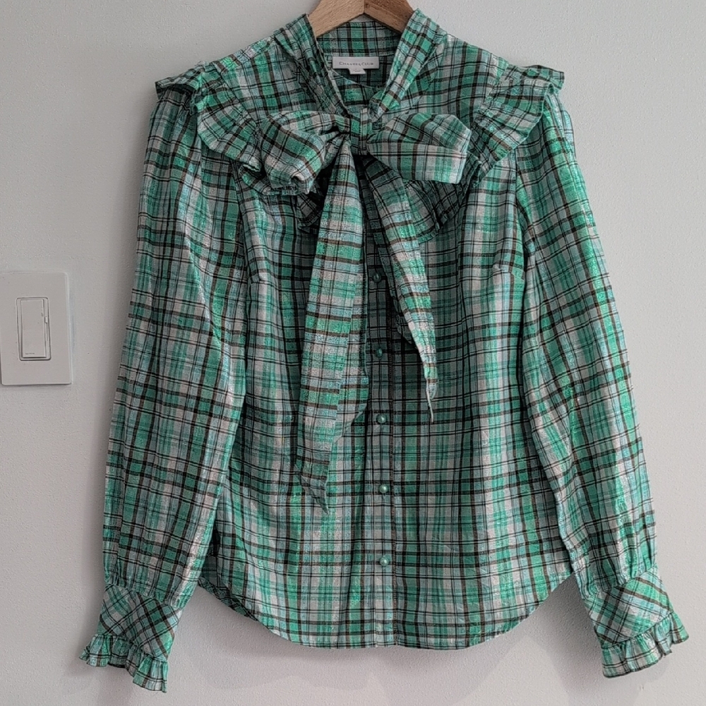 Charter Club Teal and Brown PlaiWestern  ruffle W Bow Button Down Top Size S